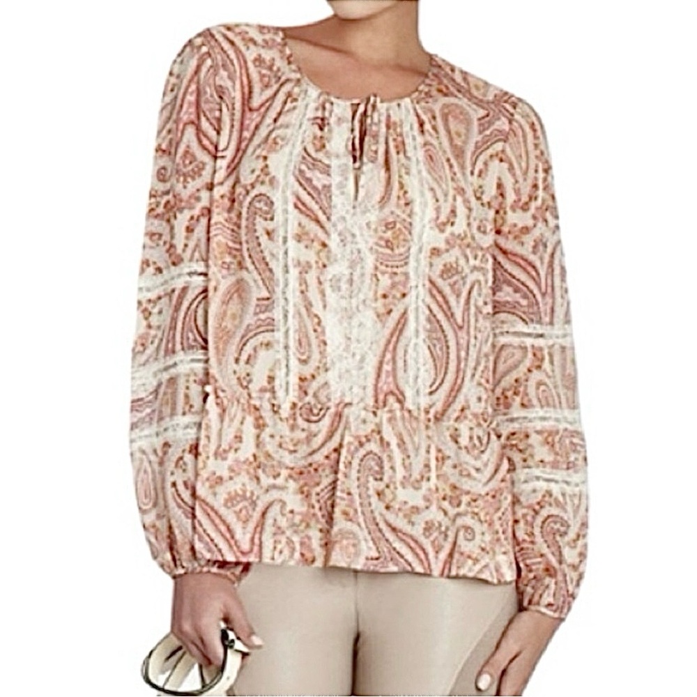 BCBGMaxAzria boho paisley chiffon ruffle oversized blouse top XXS